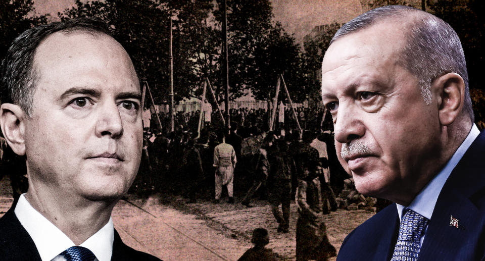 Rep. Adam Schiff and Turkish President Recep Tayyip Erdogan over a 1917 photo depicting a scene from the Armenian genocide. (Yahoo News photo illustration; photos: Culture Club/Getty Images/AP)