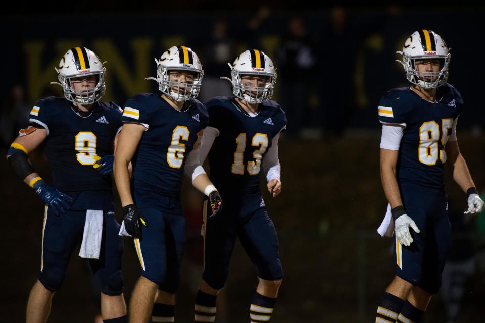 Castle Knights looks to the sideline for the play as the Castle Knights play the North Huskies during the IHSAA Class 5A sectional championship game at John Lidy Field in Newburgh, Ind., Friday, Nov. 4, 2022. 