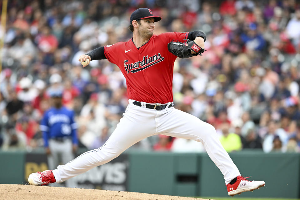 Cleveland Guardians starting pitcher Gavin Williams delivers during the first inning of a baseball game against the Kansas City Royals, Saturday, July 8, 2023, in Cleveland. (AP Photo/Nick Cammett)