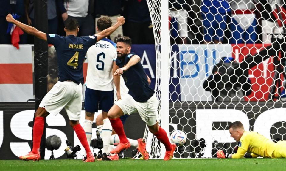 Olivier Giroud celebrates after his header restores France’s lead.