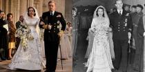 <p>Not everything about Princess Elizabeth's wedding dress was the same. Her ivory satin gown had slightly different embroidery on the show and her lace-trimmed neckline was replaced with encrusted pearls, sequins, and diamonds. But don't think the show took the recreation of the iconic dress lightly: It took seven weeks to make and <a href="https://www.harpersbazaar.com/culture/film-tv/news/a18688/the-crown-queen-elizabeth-wedding-dress-replica-cost-30-thousand/" rel="nofollow noopener" target="_blank" data-ylk="slk:cost about $37,000" class="link ">cost about $37,000</a>.</p>