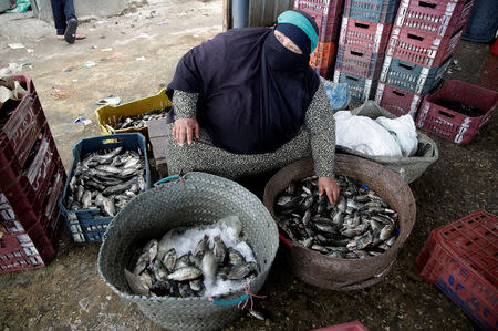 A woman sells fish caught by her husband at the market in Egypt's Nile Delta village of El Shakhluba, in the province of Kafr el-Sheikh, Egypt May 5, 2019. Picture taken May 5, 2019. REUTERS/Hayam Adel