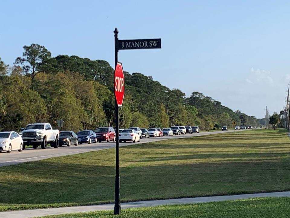 More than 40 northbound cars were lined up on 43rd Avenue Southwest south of Oslo Road at 4:44 p.m. Thursday, Feb. 9, 2023. Hundreds of homes are slated to be built just south on both sides of 43rd Avenue Southwest.