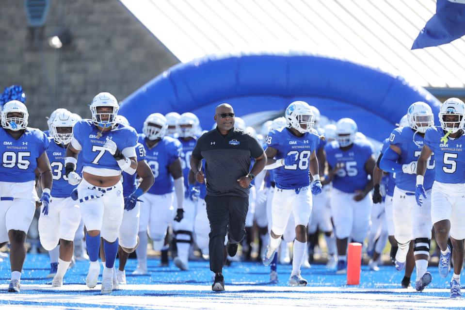 Fayetteville State University takes the field at Jeralds Stadium for its 2021 homecoming football game vs. Johnson C. Smith on Oct. 16, 2021.