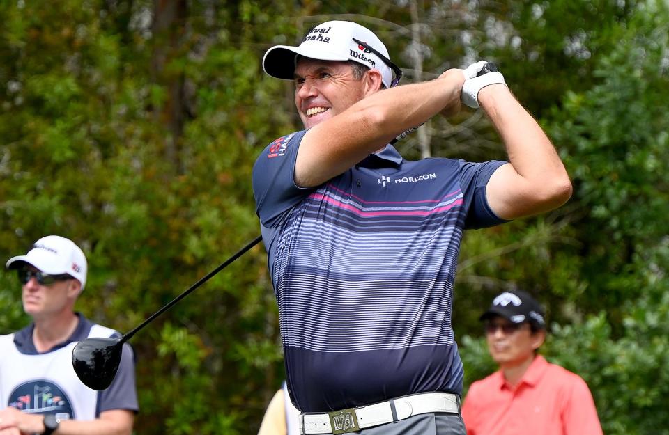 Padraig Harrington tees off in the second round of the Chubb Classic at Tiburon Golf Club's Black Course on Saturday, Feb. 19, 2022. Harrington didn't get into Naples until Thursday night after attending the funeral for his uncle in Ireland.