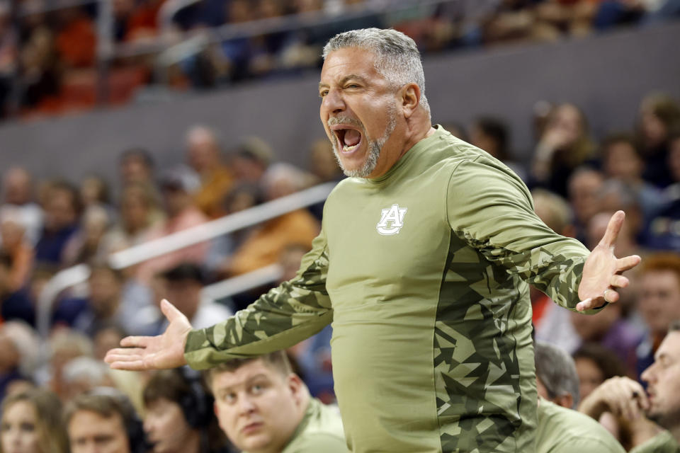 Auburn coach Bruce Pearl reacts to a call during the first half of the team's NCAA college basketball game against South Florida on Friday, Nov. 11, 2022, in Auburn, Ala. (AP Photo/Butch Dill)