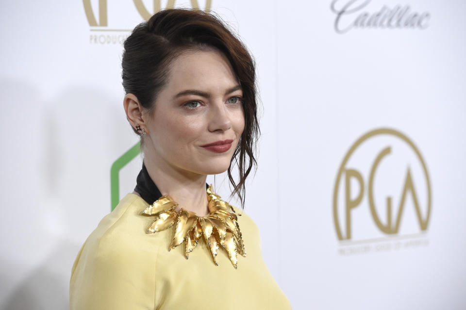 Emma Stone arrives at the Producers Guild Awards on Saturday, Jan. 19, 2019, at the Beverly Hilton Hotel in Beverly Hills, Calif. (Photo by Chris Pizzello/Invision/AP)