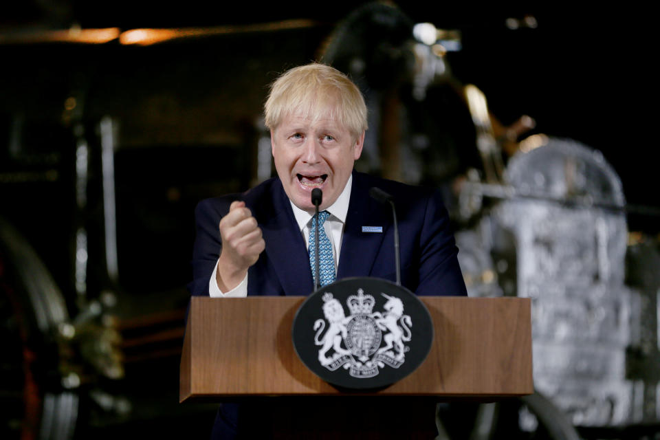 Britain's Prime Minister Boris Johnson gestures during a speech on domestic priorities at the Science and Industry Museum in Manchester, Britain July 27, 2019. Lorne Campbell/Pool via REUTERS