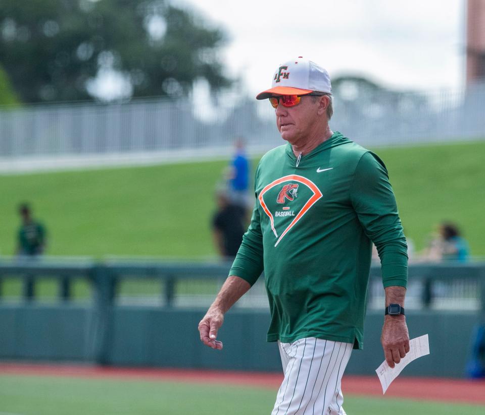 Florida A&M head coach Jamey Shouppe with the lineup before the game against U Conn in Round 2 of NCAA Regionals, Saturday, June 3, 2023, at Condron Family Ballpark in Gainesville, Florida. The Rattlers lost to the Huskies 9-6. [Cyndi Chambers/ Gainesville Sun] 2023  