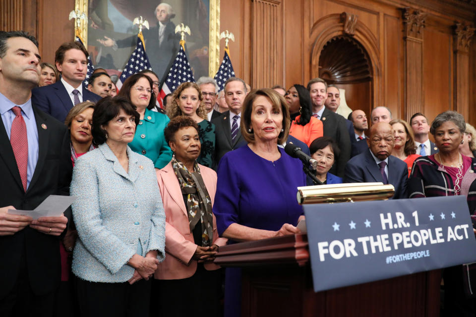 House Speaker Nancy Pelosi (D-CA) leads Democrats in introducing proposed government reform legislation, which they've titled the For the People Act, at the U.S. Capitol in Washington on January 4, 2019.  (Jonathan Ernst/Reuters)