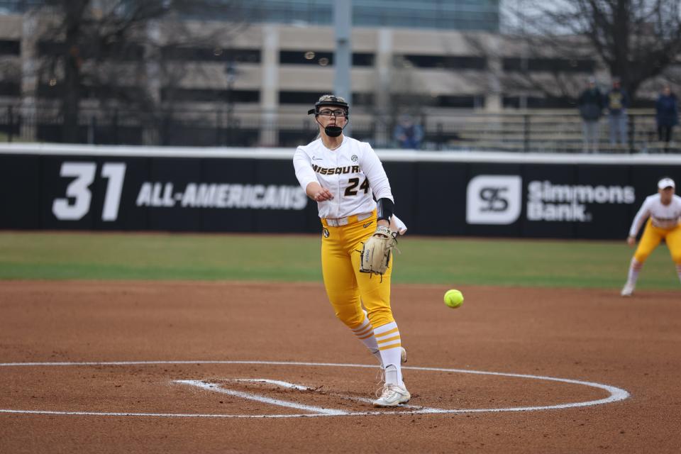 Missouri softball starting pitcher Laurin Krings throws during MU's win over Auburn on Friday at Mizzou Softball Stadium.