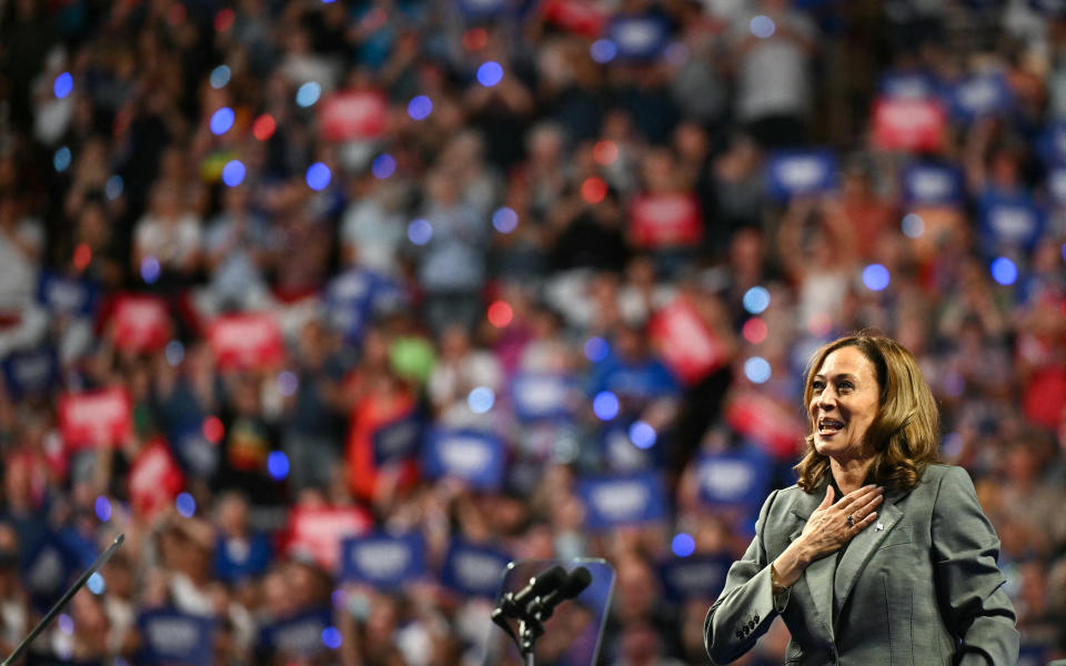 TOPSHOT - US Vice President and Democratic presidential candidate Kamala Harris applauds the crowd after speaking at a campaign event at Alliant Energy Center in Madison, Wisconsin, on September 20, 2024. (Photo by Mandel NGAN / AFP) (Photo by MANDEL NGAN/AFP via Getty Images)