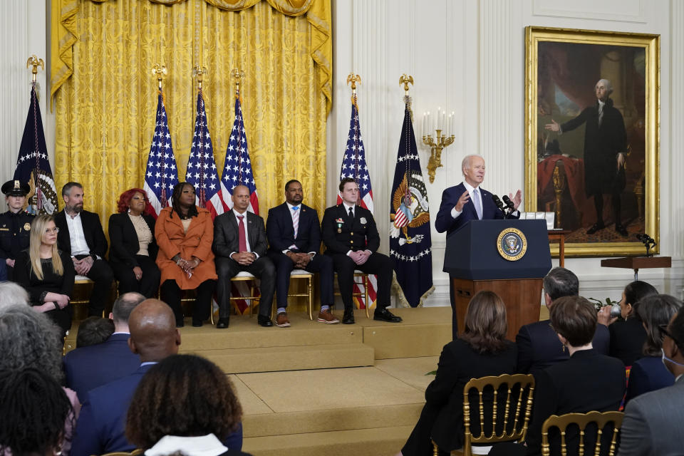 President Joe Biden speaks in the East Room of the White House in Washington, Friday, Jan. 6, 2023, during a ceremony to mark the second anniversary of the Jan. 6 assault on the Capitol and to award Presidential Citizens Medals to state and local officials, election workers and police officers for their "exemplary deeds of service for their country or their fellow citizens" in upholding the results of the 2020 election and fighting back the Capitol mob. (AP Photo/Patrick Semansky)