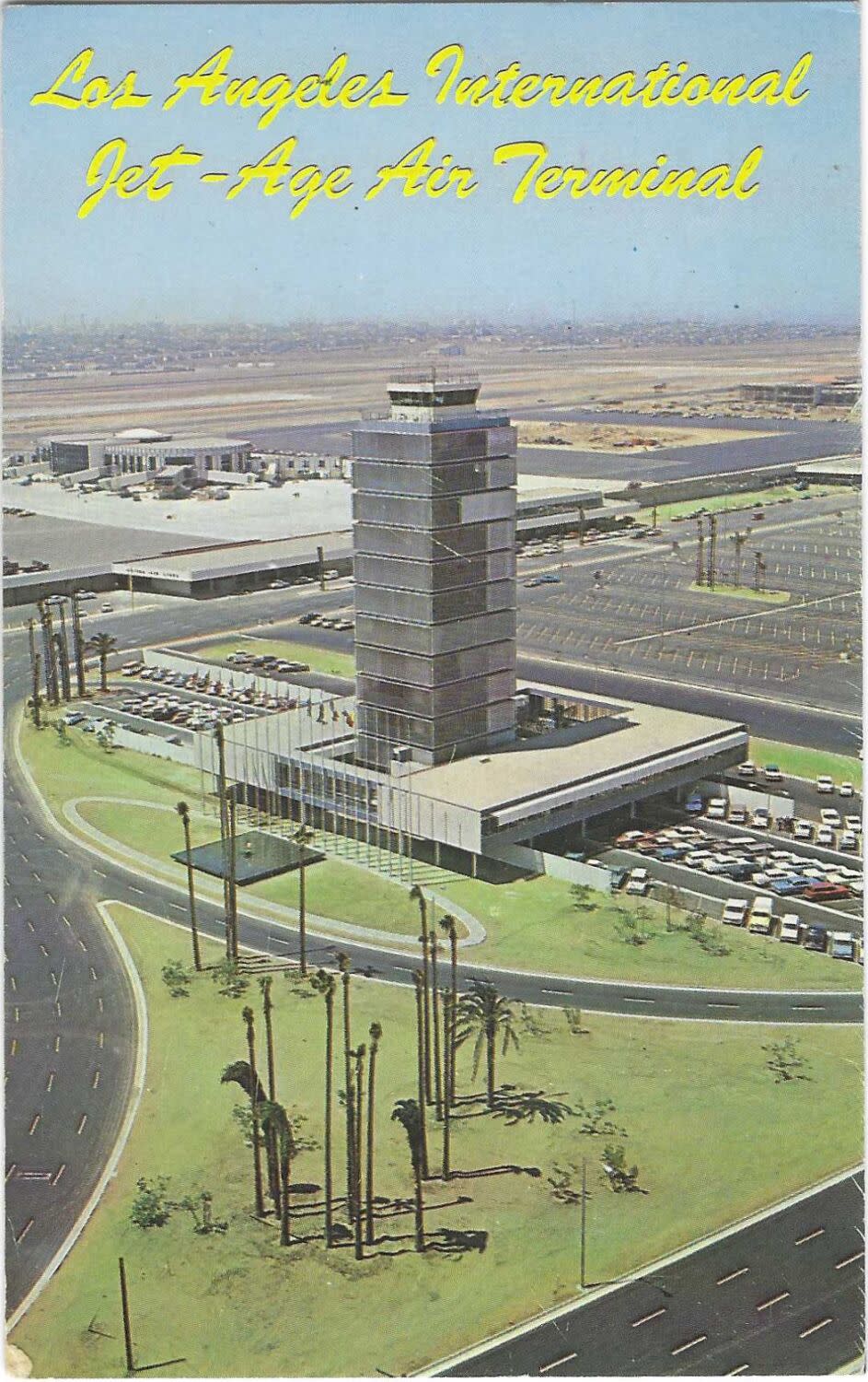 Overhead view of 1963 LAX. Text reads: &quot;Los Angeles International Jet-Age Air Terminal&quot;