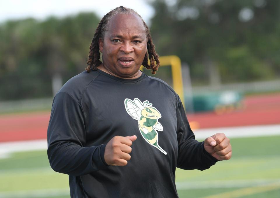 Melbourne Central Catholic football head coach Nate Hooks directs his players during spring football practice Friday, May 12, 2023. Craig Bailey/FLORIDA TODAY via USA TODAY NETWORK