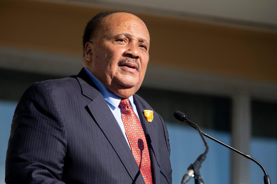 Martin Luther King III speaks during the “Remembering MLK: The Man. The Movement. The Moment.” event on Thursday, April 4, 2024, in front of the National Civil Rights Museum. The event celebrated the life and legacy of Martin Luther King Jr. on the 56th anniversary of his assassination at the Lorraine Motel in Memphis.
