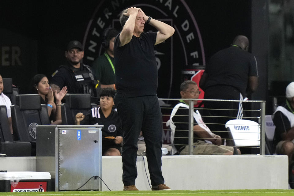 New England Revolution coach Bruce Arena reacts after a goal was nullified during the first half of the team's MLS soccer match against the Inter Miami, Saturday, May 13, 2023, in Fort Lauderdale, Fla. (AP Photo/Lynne Sladky)