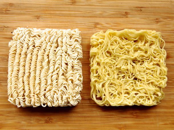 <p>Serious Eats / J. Kenji López-Alt</p> Cheap de-fry-drated noodles on the left, fancy air-dehydrated noodles on the right.