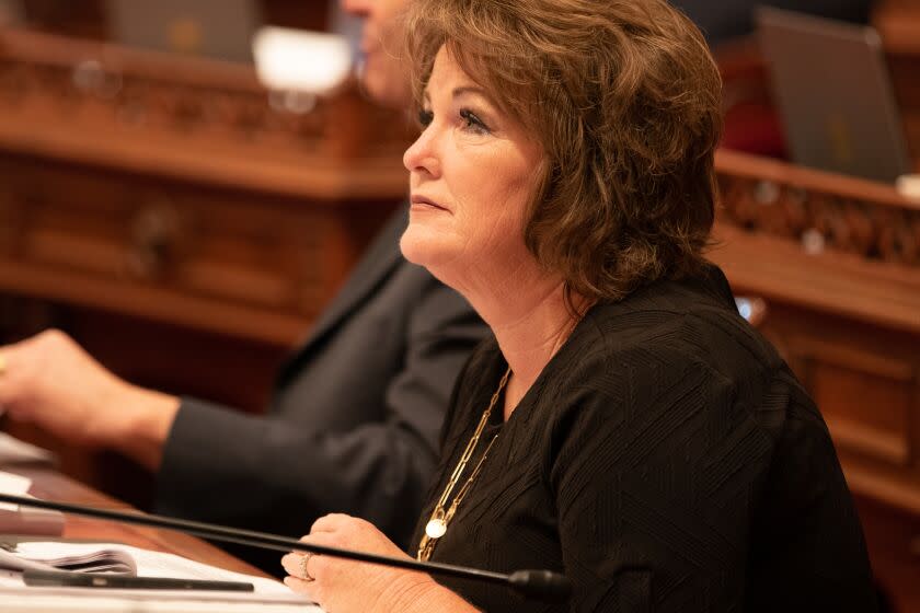 SACRAMENTO CA SEPTEMBER 9, 2019 -- Senate Minority Leader Shannon Grove (R-Bakersfield) sits at her desk in the Senate during floor debate at the state Capitol on Aug. 29, 2019. (Robert Gourley / Los Angeles Times)