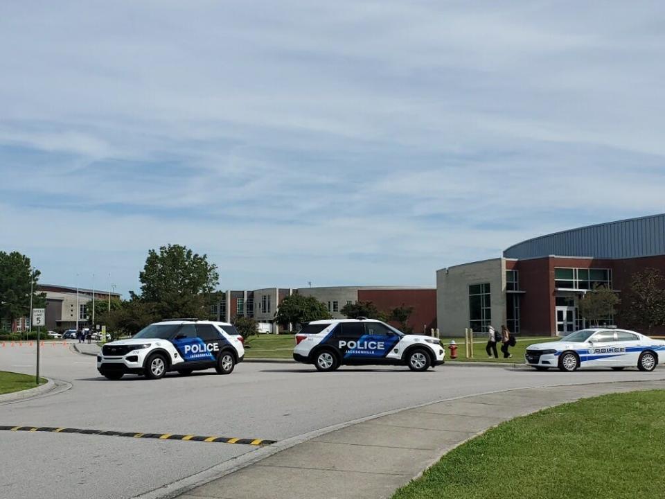 Jacksonville police remain on the scene after an incident at Northside High School on Thursday morning.