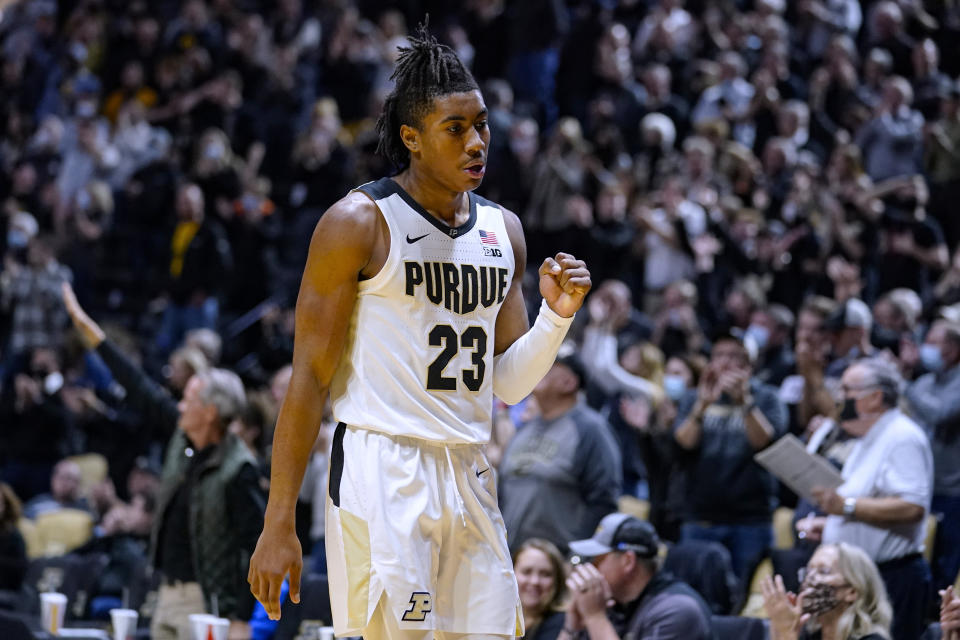 Purdue guard Jaden Ivey celebrates the team's 77-70 win over Iowa in an NCAA college basketball game in West Lafayette, Ind., Friday, Dec. 3, 2021. (AP Photo/Michael Conroy)