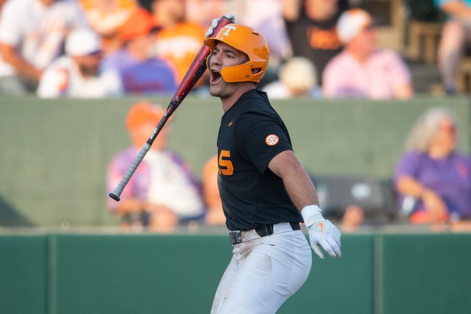 Tennessee outfielder Griffin Merritt (10) celebrates after hitting a home run during a NCAA baseball regional game between Tennessee and Charlotte held at Doug Kingsmore Stadium in Clemson, S.C., on Friday, June 2, 2023.