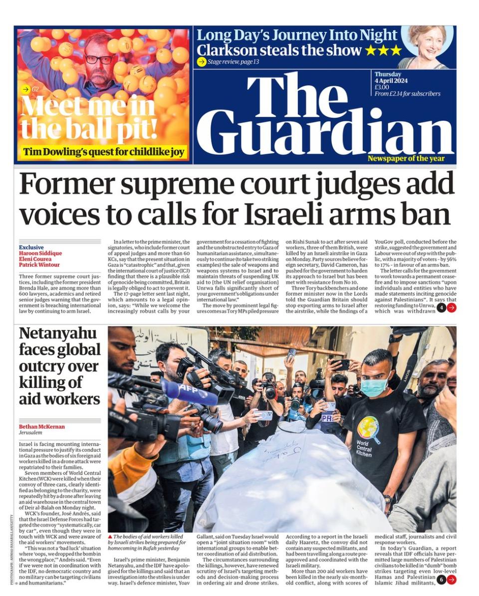 The Guardian front page. The headline reads: Former supreme court judges say UK arming Israel breaches international law