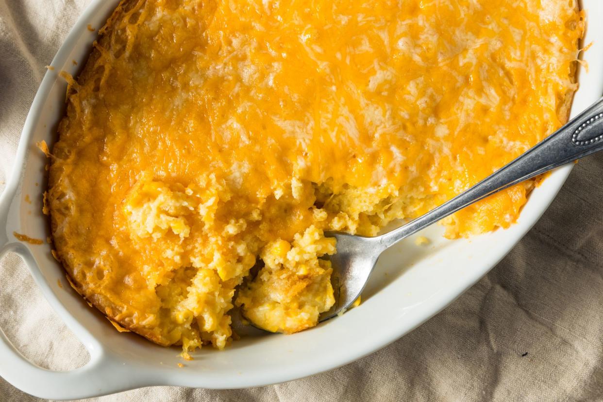 Homemade Corn Pudding Casserole with Cheddar Cheese