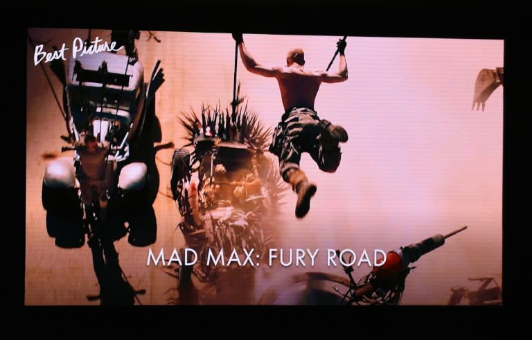 A screen showing the film 'Mad Max: Fury Road' which is an Oscar nominee for Best Picture during the Academy Awards Nominations Announcement at the Samuel Goldwyn Theater in Beverly Hills, California on January 14, 2016