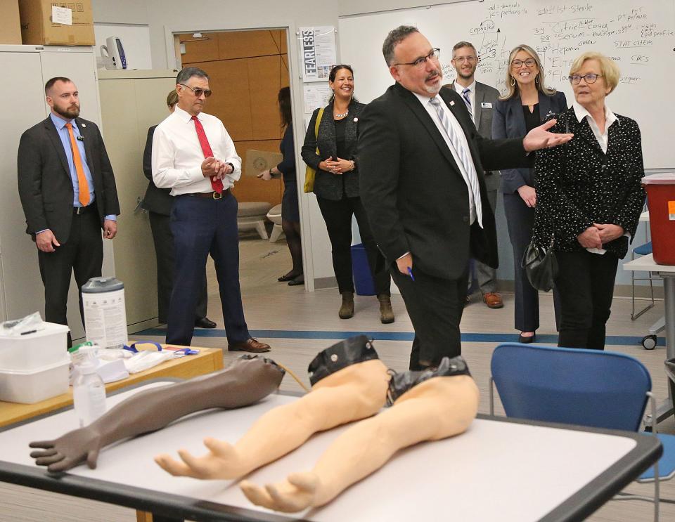 U.S. Secretary of Education Miguel Cardona and U.S. Rep. Chellie Pingree visit York County Community College April 11, 2022. They toured a phlebotomy class, criminal justice and did a round table discussion with high school students who take classes as well. 