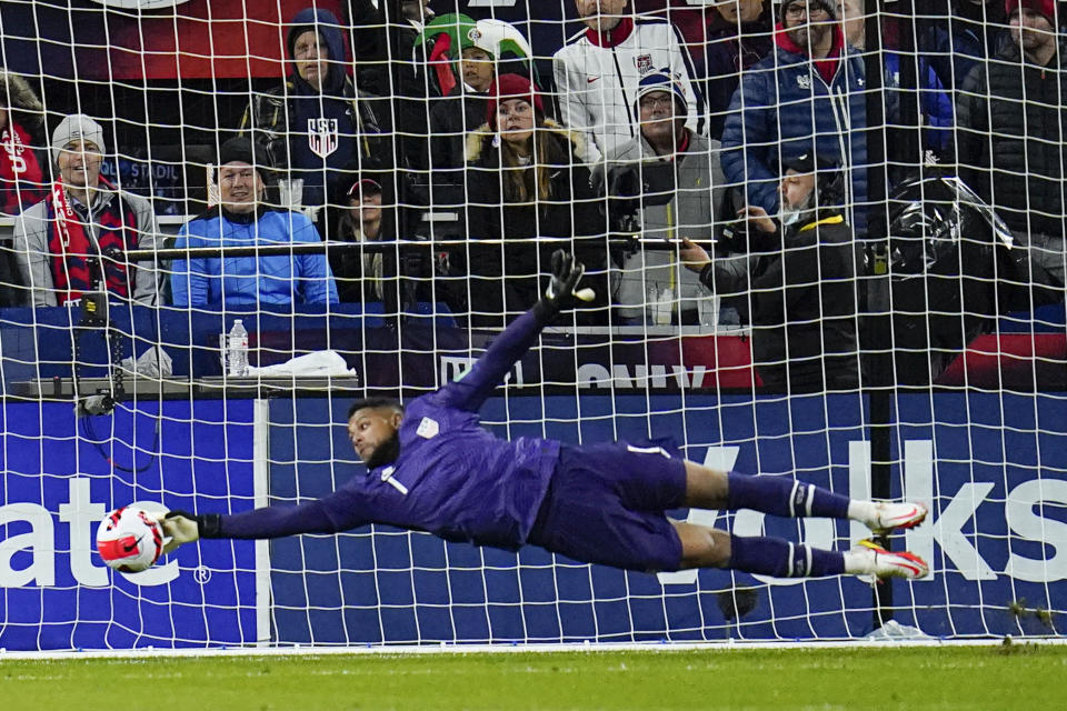 United States' Zack Steffen makes a save against Mexico during the first half of a FIFA World Cup qualifying soccer match, Friday, Nov. 12, 2021, in Cincinnati. (AP Photo/Julio Cortez)