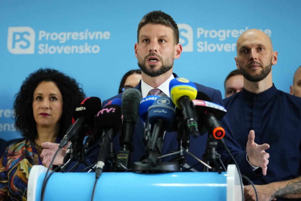 Leader of Progressive Slovakia party Michal Simecka acknowledges preliminary results of an early parliamentary election during a press conference in Bratislava, Slovakia, Sunday, Oct. 1, 2023. (AP Photo/Petr David Josek)