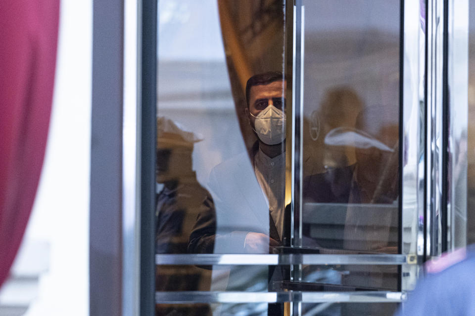 Iran's Governor to the International Atomic Energy Agency (IAEA), Kazem Gharib Abadi, leaves the 'Grand Hotel Vienna' where where closed-door nuclear talks take place in Vienna, Austria, Saturday, June 12, 2021. (AP Photo/Florian Schroetter)