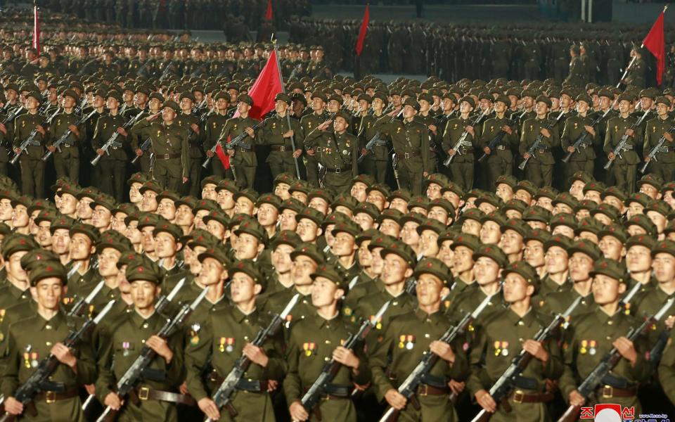 North Korean solders parade during a celebration of the nation’s 73rd anniversary - Korean Central News Agency/Korea News Service via AP