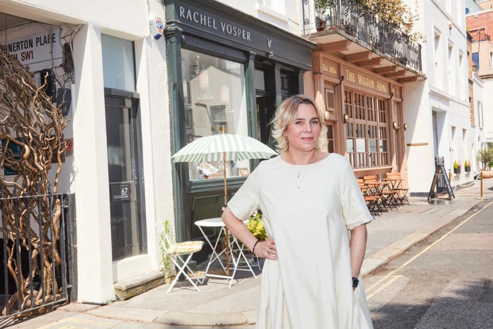 Candle-maker Rachel Vosper outside her shop next to the Wilton Arms in Kinnerton Street, Belgravia (Juliet Murphy)