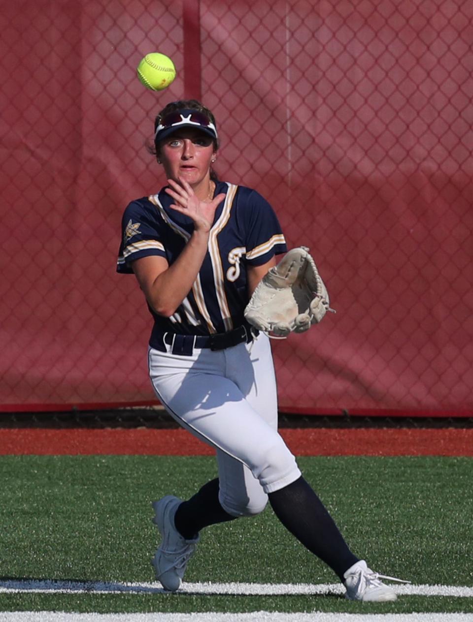 Talmadge’s Mia Zappola catches a fly ball against Greenville in the Div. II state semifinal softball at Firestone Stadium in Akron.