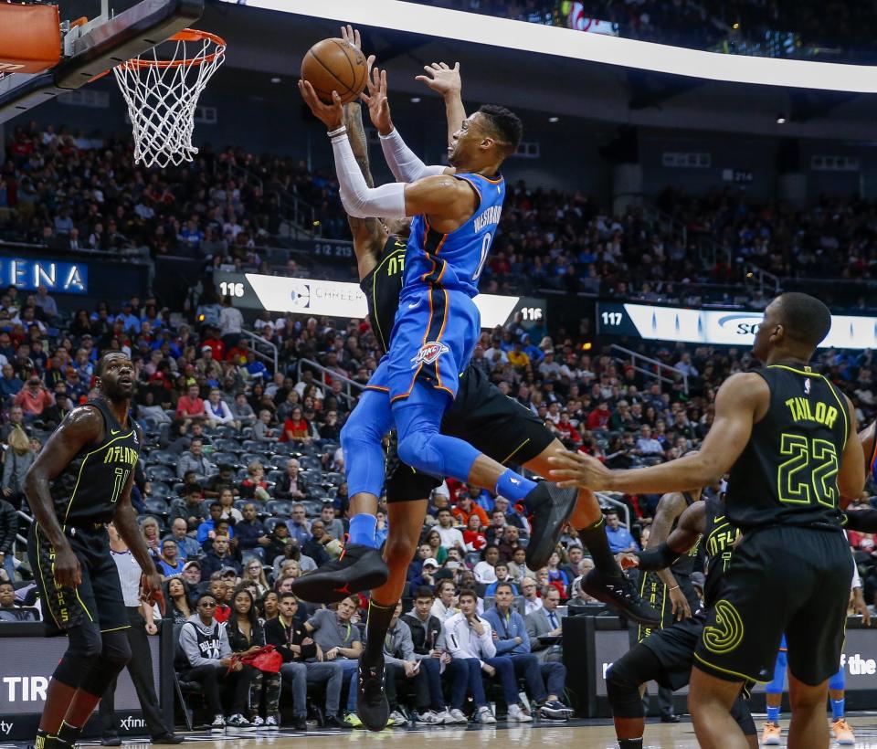 Russell Westbrook, living in midair. (AP)