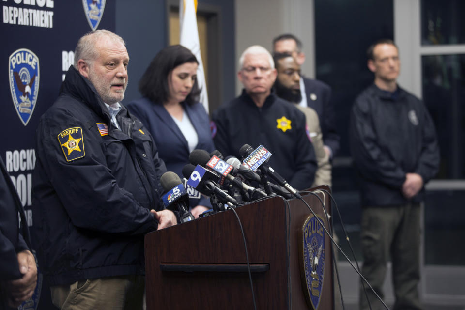 McHenry County Sheriff Bill Primm speaks during a news conference, Thursday, March 7, 2019, at the Rockford Police Department District 3 Headquarters in Rockford, Ill. Floyd E. Brown suspected of fatally shooting a sheriff’s deputy and wounding a woman at an Illinois hotel was taken into custody Thursday after an hours-long standoff that began when he crashed his vehicle along an interstate highway, authorities said. (Scott P. Yates/Rockford Register Star via AP)