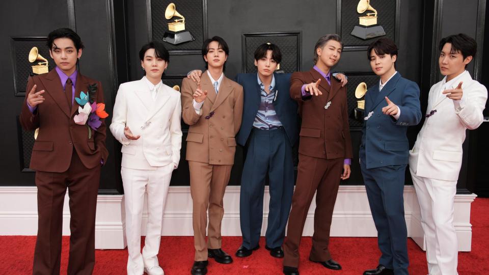 LAS VEGAS, NEVADA - APRIL 03: BTS attends the 64th Annual GRAMMY Awards at MGM Grand Garden Arena on April 03, 2022 in Las Vegas, Nevada. (Photo by Jeff Kravitz/FilmMagic)