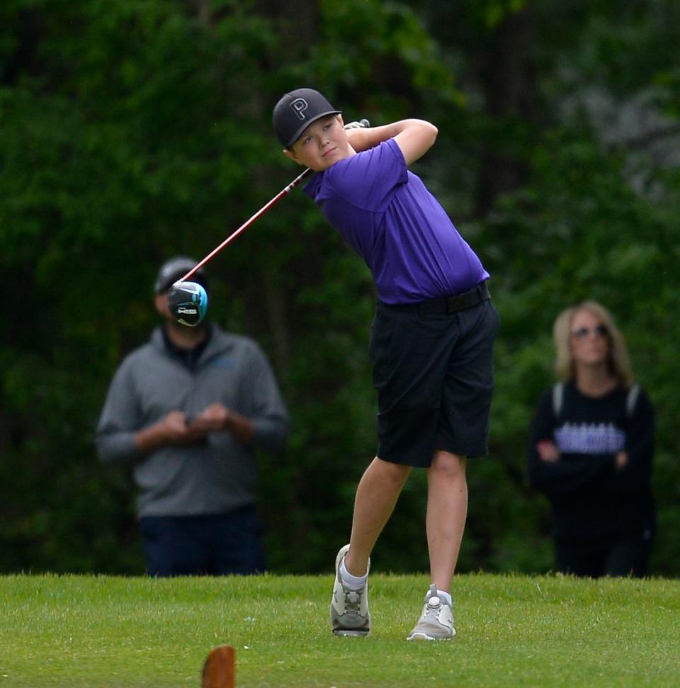 Albany's Blake Silbernick uses his driver on the tee box as Albany and Cathedral boys and girls golf compete in the Section 6-2A tournament on Tuesday, June 7, 2022, at Blackberry Ridge Golf Course in Sartell. 