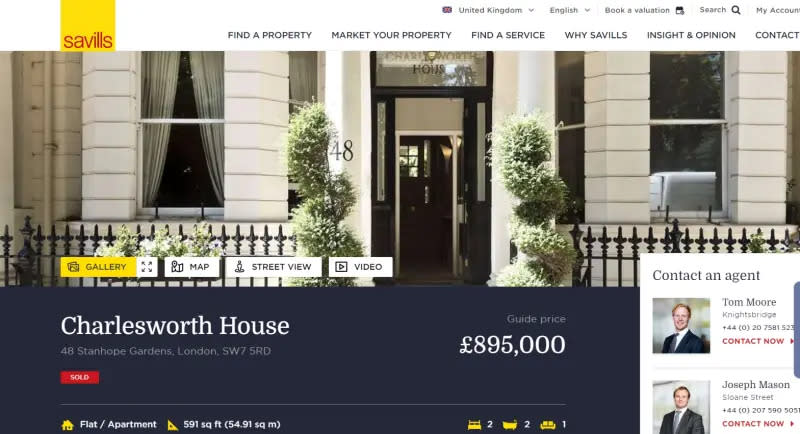 ▲吳欣盈英國房產「Charlesworth House Stanhope Gardens London」同社區曾有一戶54.91平方公尺（約16.6坪）的公寓，開價89萬5000英鎊，約新台幣3529萬7000元。（圖／翻攝savills網站）
