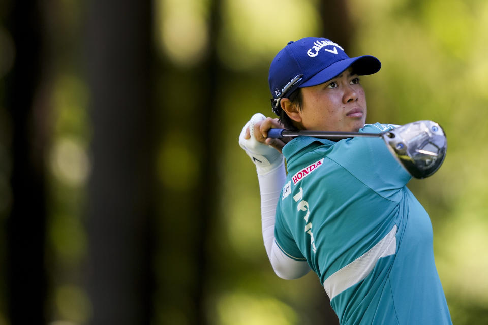 Yuka Saso, of Japan, tees off at the 18th hole during a practice round for the Women's PGA Championship golf tournament at Sahalee Country Club, Wednesday, June 19, 2024, in Sammamish, Wash. (AP Photo/Lindsey Wasson)