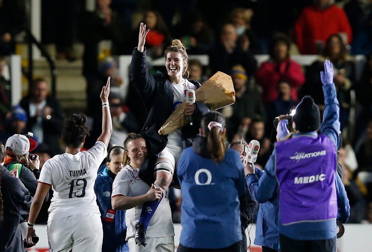 Sarah Hunter celebrates with her team-mates after announcing her England retirement  (Action Images via Reuters)