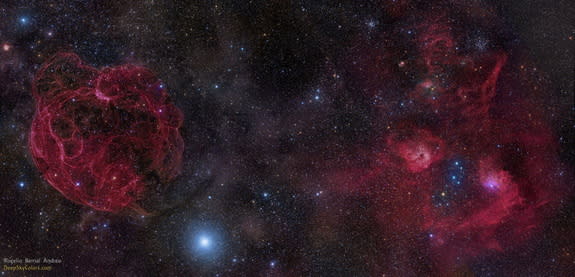 The recently discovered fast radio burst FRB 121102 is located in the upper right portion of this image, which is dominated by an old supernova remnant called (large structure at left).