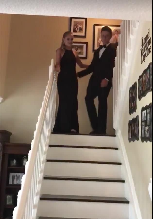 Austin and his girlfriend were making an entrance before their prom at the top of the stairs. Photo: Facbeook