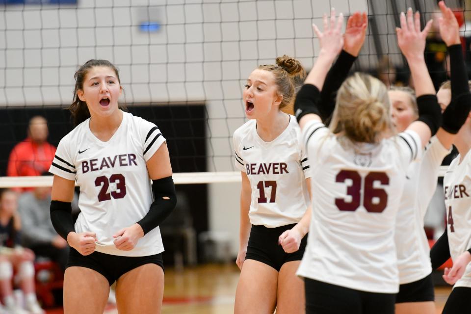 Beaver's Chloe List and Alaina Malobabich react to winning the first game during the Class 2A WPIAL volleyball championship against Freeport, Saturday at Peters Township High School