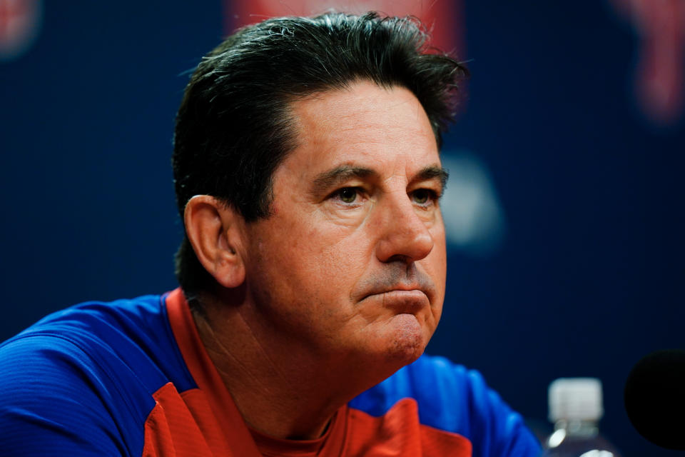 Philadelphia Phillies interim manager Rob Thomson listens to a question during a news conference in Philadelphia, Friday, June 3, 2022. Joe Girardi was fired by the Phillies on Friday, after his team's terrible start, becoming the first major league manager to lose his job this season. Philadelphia said bench coach Rob Thomson was named interim manager for the rest of the season. (AP Photo/Matt Rourke)