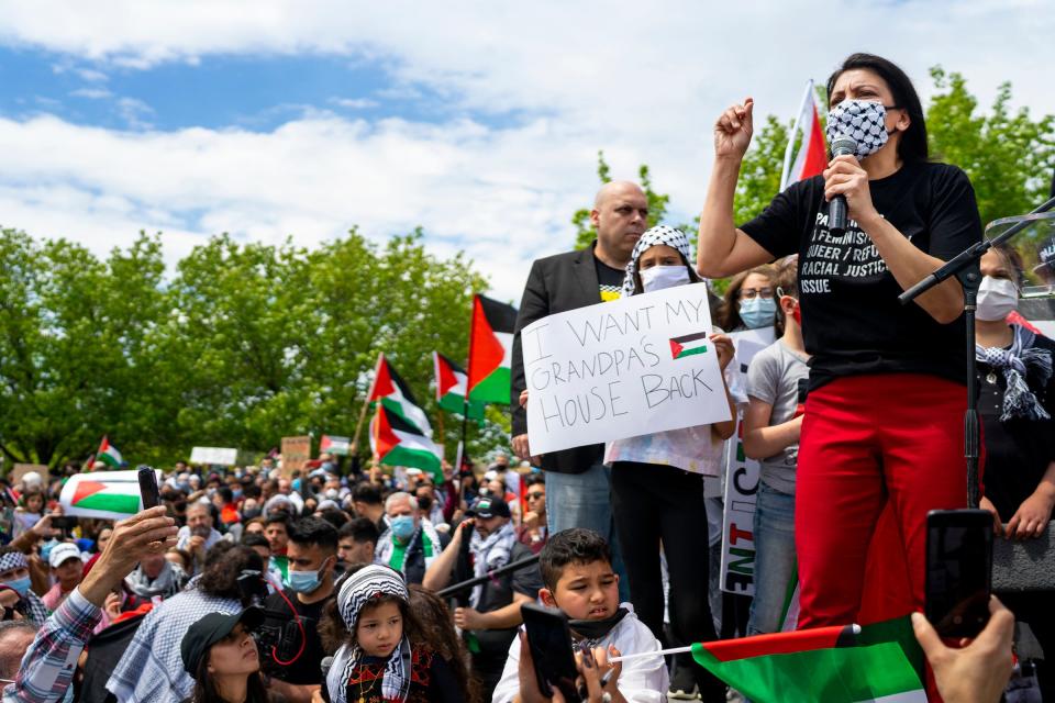 Rep. Rashida Tlaib, D-Mich., who is Palestinian American, has condemned fellow lawmakers for continuing "unconditional support" for Israel that "has enabled the erasure of Palestinian life."