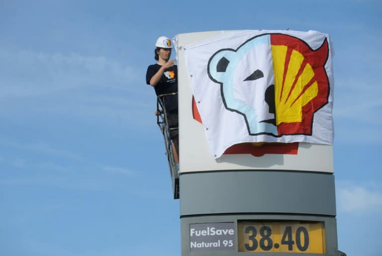 File picture shows a Greenpeace activist covering the Shell logo during a protest against the sailing of an icebreaker for Shell's Arctic oil drilling project in the north of Alaska