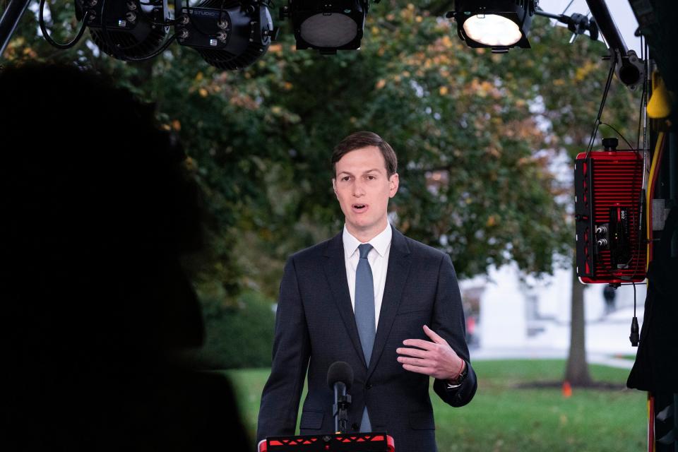 White House senior adviser Jared Kushner does a television interview at the White House, Monday, Oct. 26, 2020, in Washington. 